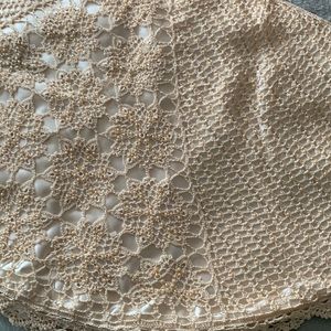 Victorian style crocheted,  cream pearled Christmas tree skirt, like new